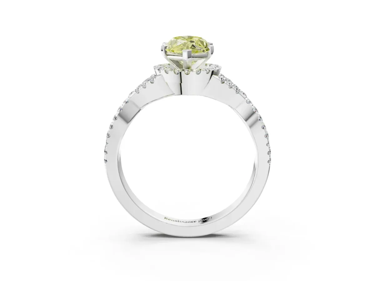 Fancy Yellow Marquise Cut Diamond Halo Twist Band Solitaire Prong Setting Ring White gold