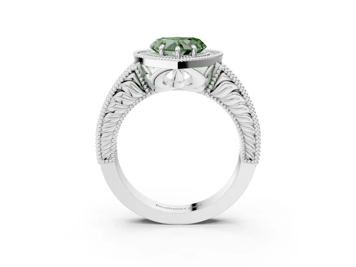Fancy Green Heart Cut Cut Halo Diamond Ring with Pavé Band and Four-Prong Setting Platinum