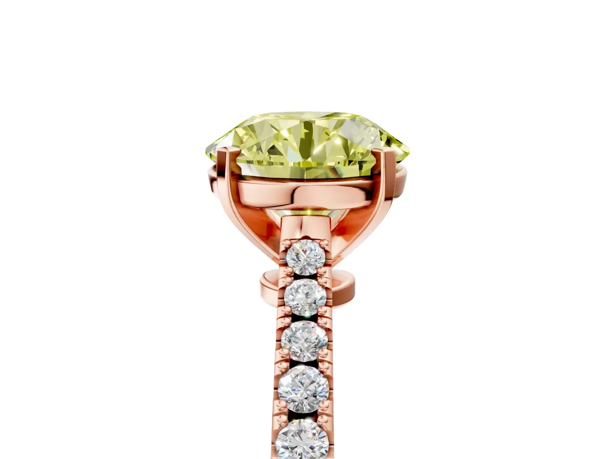 Fancy Yellow Round Cut Cut Solitaire Diamond Engagement Ring with Pave Band and Four-Prong Setting Rose gold