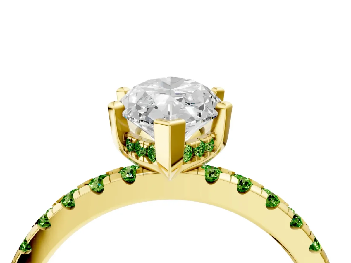 Marquise Cut Diamond Solitaire Ring with Round Peridot Pavé Band and Four-Prong Setting Yellow gold