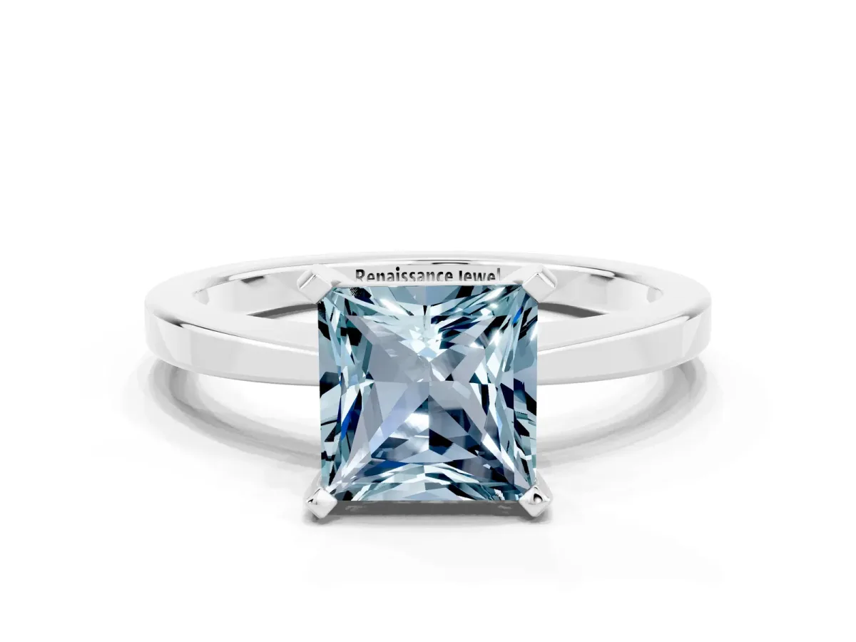 Princess Cut Aquamarine Solitaire Engagement Ring with Classic Band and Four-Prong Setting White gold