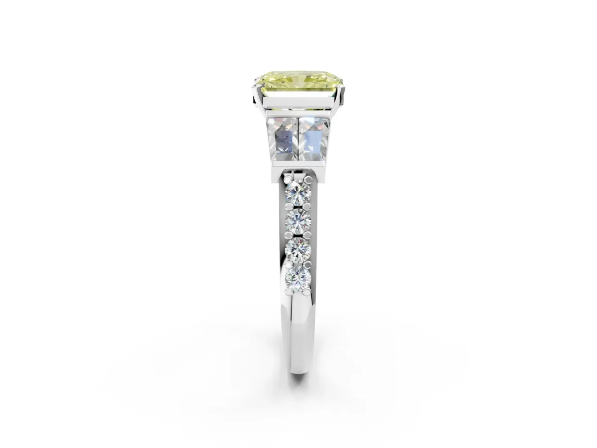 Fancy Yellow Radiant Cut Diamond Engagement Ring with Baguette Side Stones and Channel Set Band Platinum