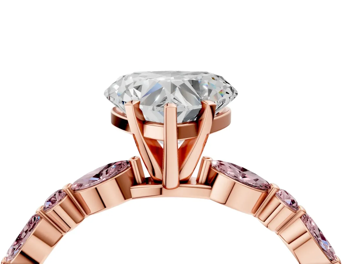 Heart Cut Diamond Ring with Marquise and Round Morganite Side Stones and Four-Prong Setting Rose gold
