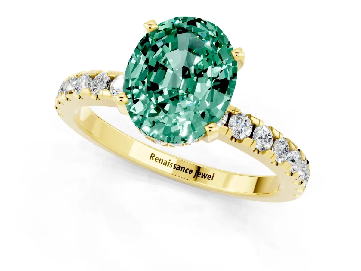 Oval Cut Green Sapphire Solitaire Ring with Round Pavé Band and Four-Prong Setting Yellow gold
