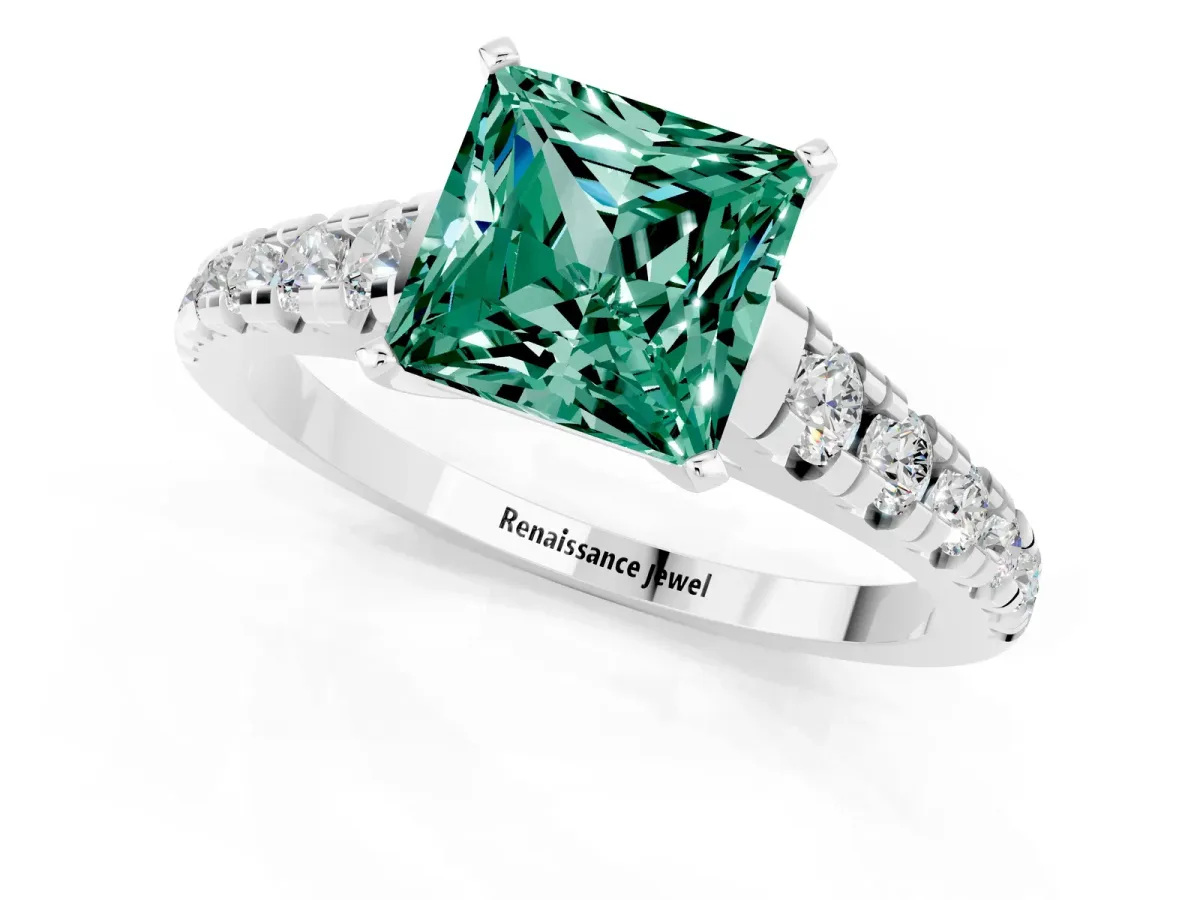 Princess Cut Green Sapphire Cathedral Solitaire Ring with Round Pavé Band White gold