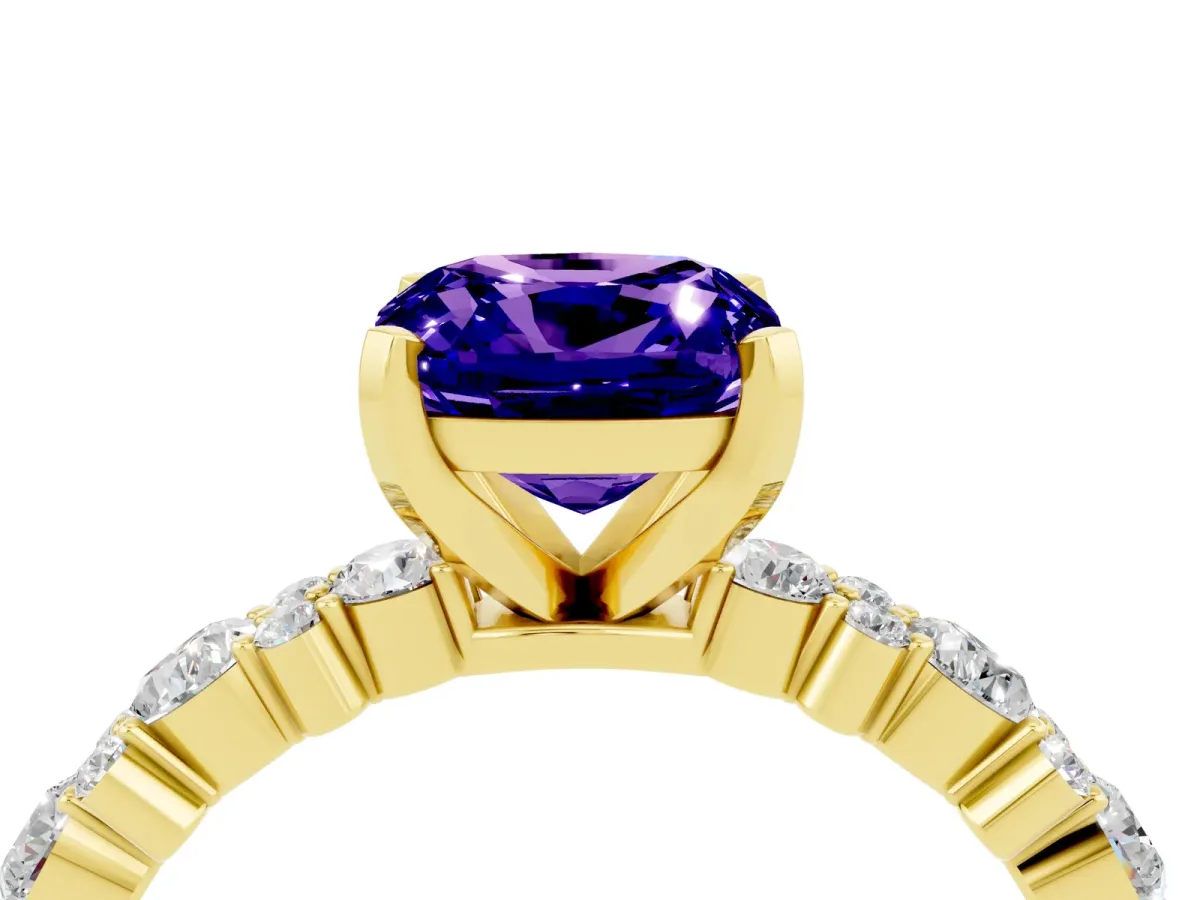 Cushion Cut Tanzanite Side Stone Solitaire Ring with Round and Four-Prong Setting Yellow gold