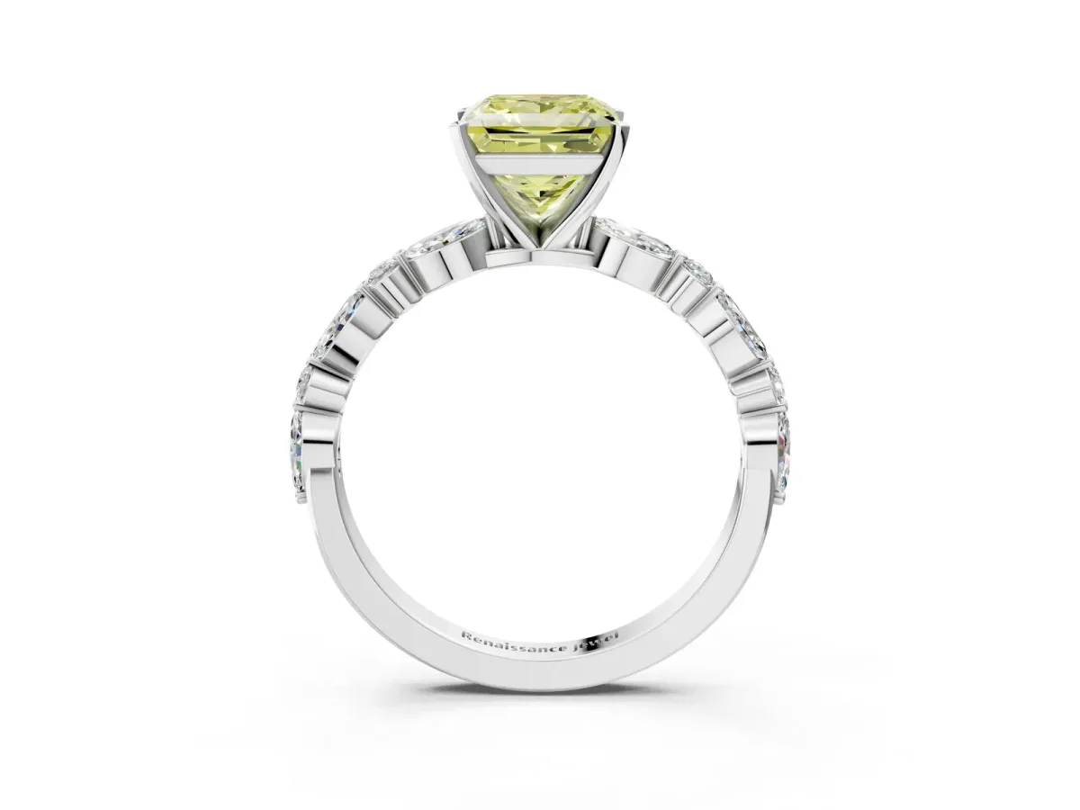 Fancy Yellow Princess Cut Diamond Ring with Marquise and Round Side Stones and Four-Prong Setting White gold