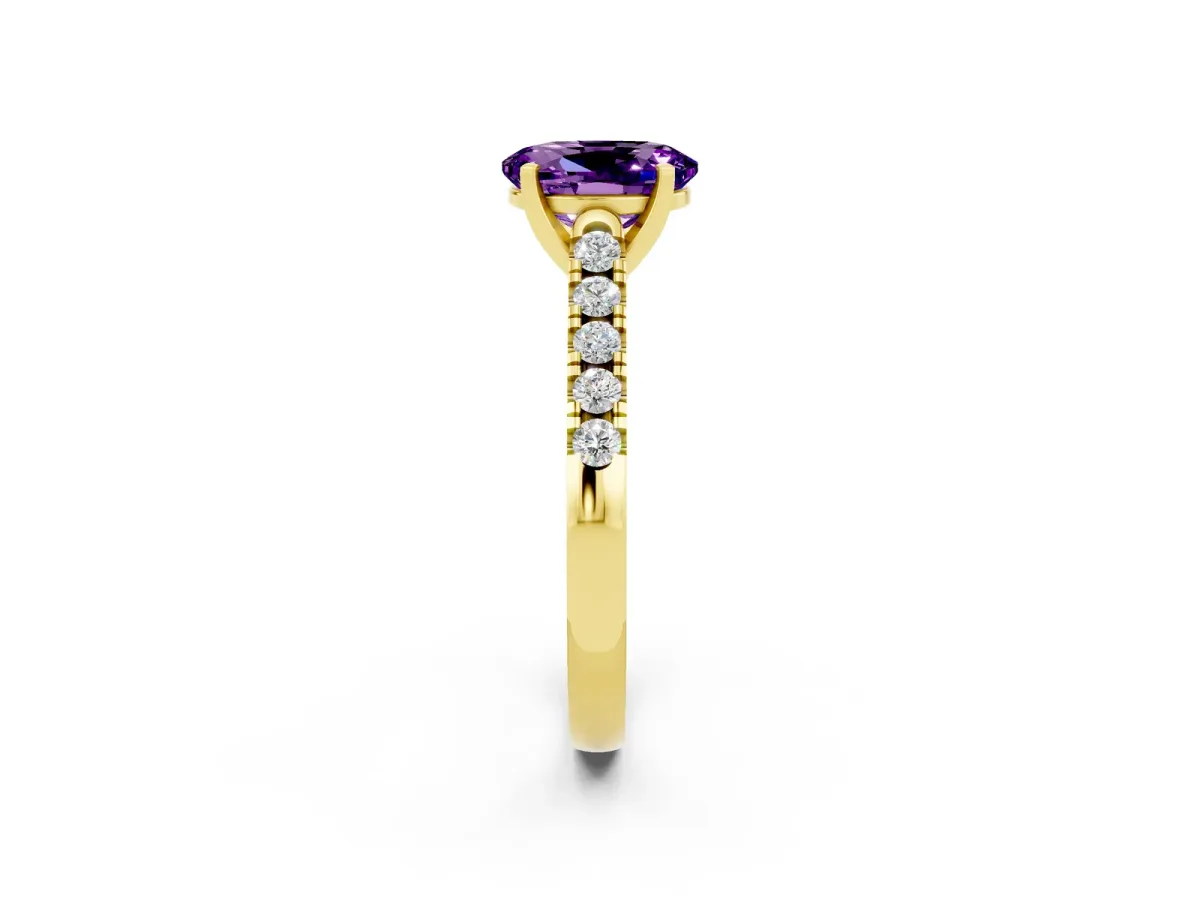 Oval Cut Amethyst Pavé Band Solitaire Ring with Prong Setting Yellow gold