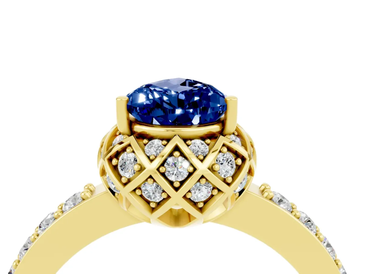 Pear Cut Blue Sapphire Scalloped Halo Engagement Ring with Round Shared Prong Band Yellow gold