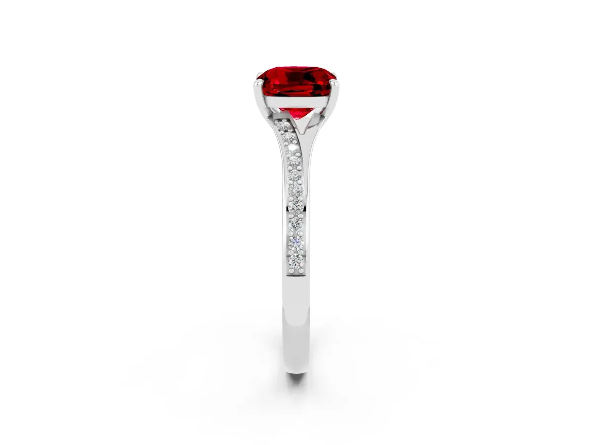 Cushion Cut Ruby Solitaire Ring with Pavé Band and Prong Setting Silver