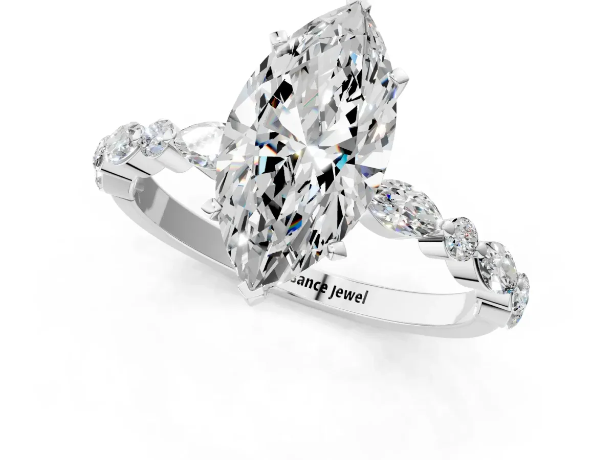 Marquise Cut Diamond Ring with Marquise and Round Moissanite Side Stones and Four-Prong Setting Platinum