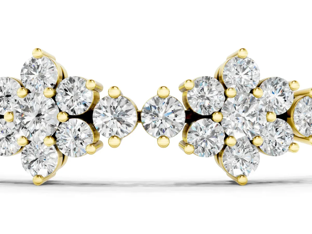 Round Diamond Floral Cluster Tennis Bracelet with Prong Setting Yellow gold