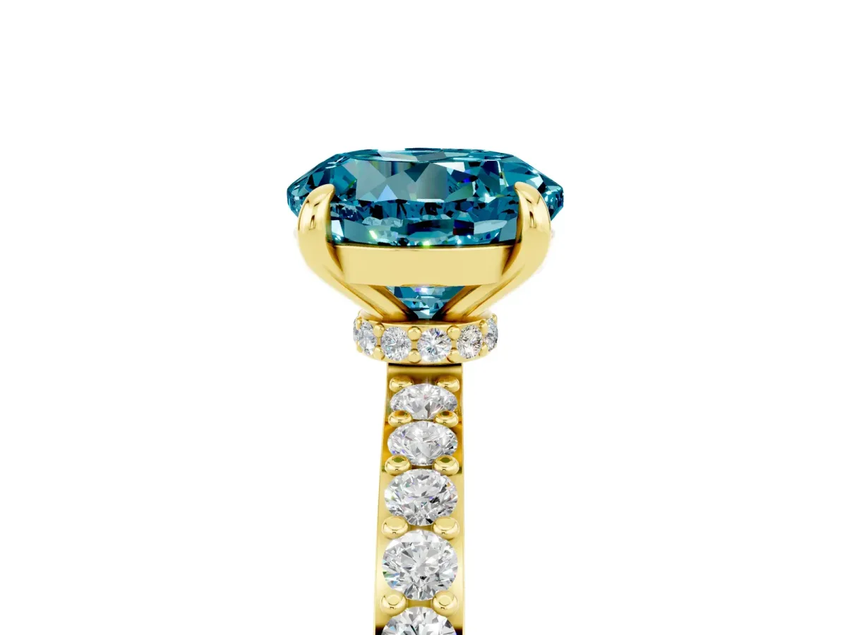 Round Cut Blue Topaz Solitaire Engagement Ring with Pavé Band and Four-Prong Setting Yellow gold