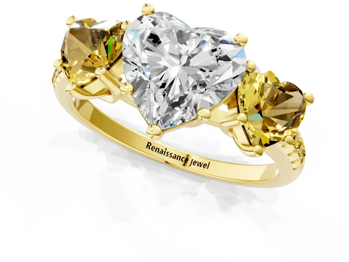 Three-Stone Heart Cut Diamond Ring with Round Yellow Sapphire Pavé Band and Prong Setting Yellow gold