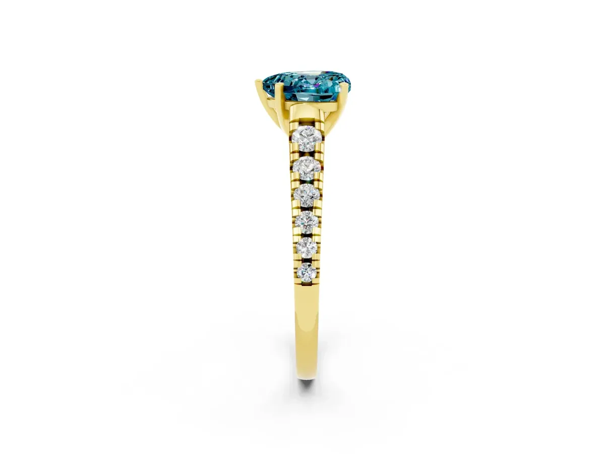 Heart Cut Blue Topaz Cathedral Solitaire Ring with Round Pavé Band Yellow gold