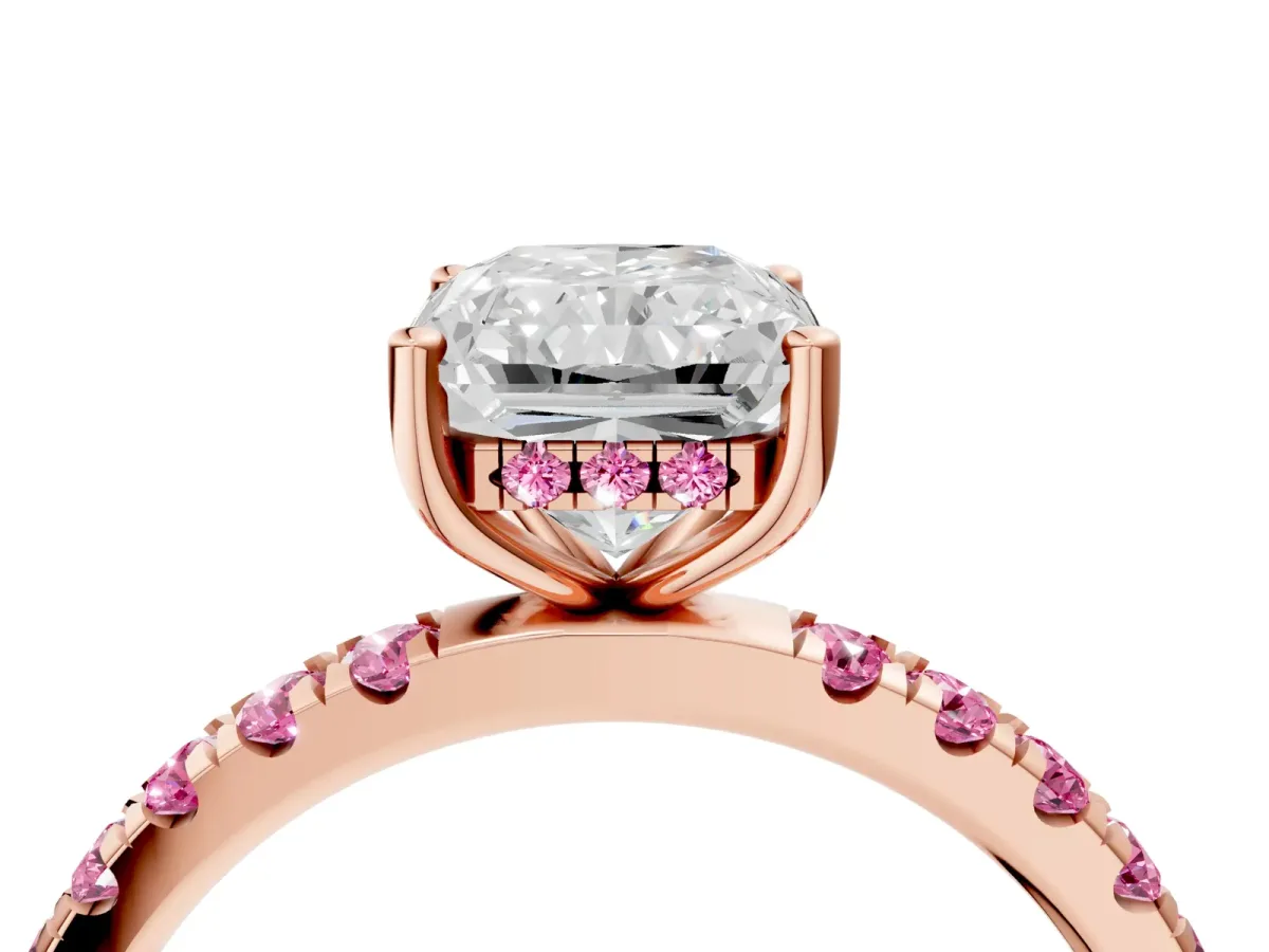 Radiant Cut Diamond Pave Band Solitaire Ring with Round Pink Sapphire and Prong Setting Rose gold