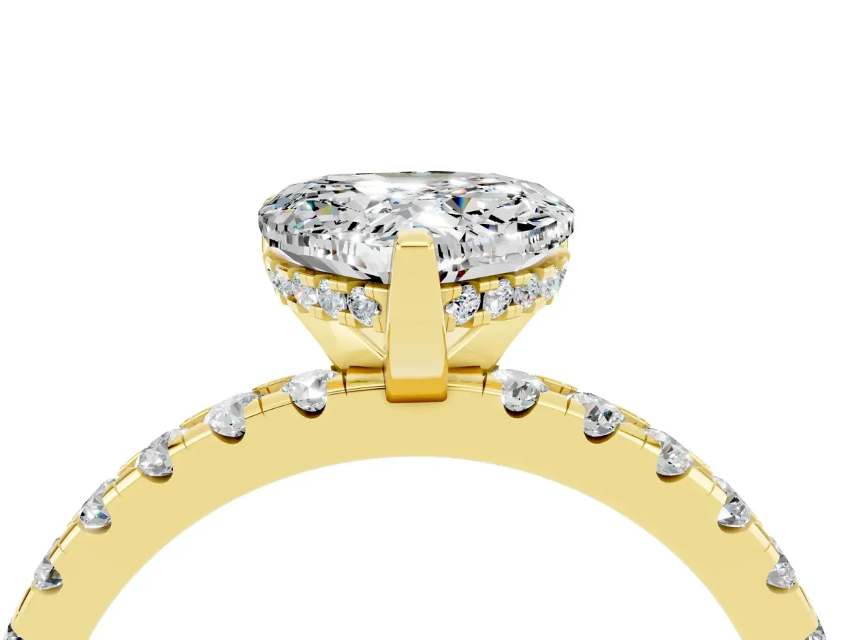 Heart Cut Moissanite Solitaire Ring with Round Pavé Band and Four-Prong Setting Yellow gold