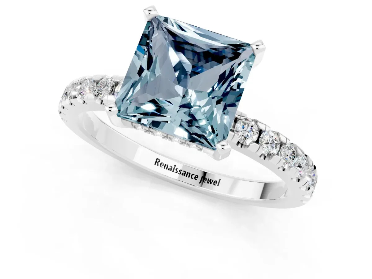Princess Cut Aquamarine Solitaire Ring with Round Pavé Band and Four-Prong Setting White gold