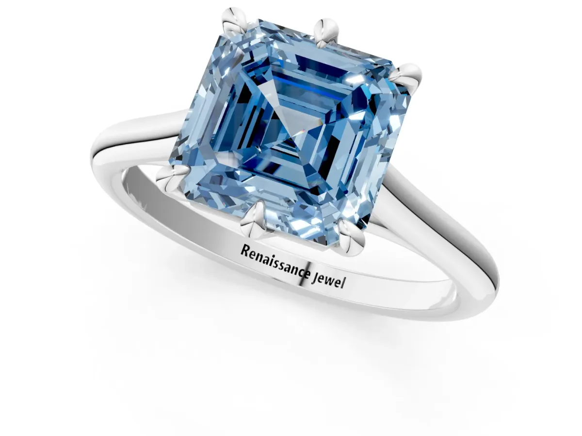 Fancy Blue Asscher Cut Solitaire Engagement Ring with Six-Prong Setting and Classic Band Platinum