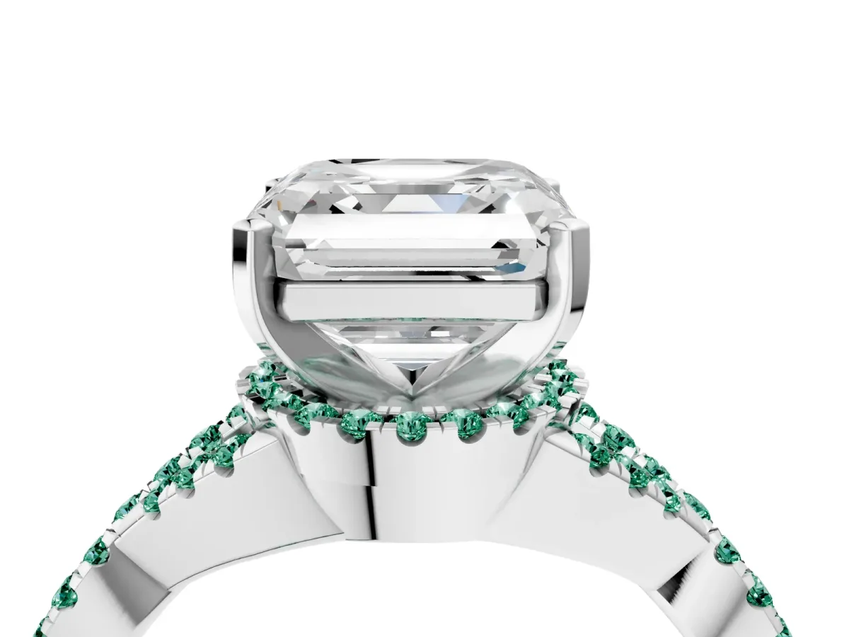 Asscher Cut Diamond Green Sapphire Halo Twist Band Solitaire Prong Setting Ring White gold