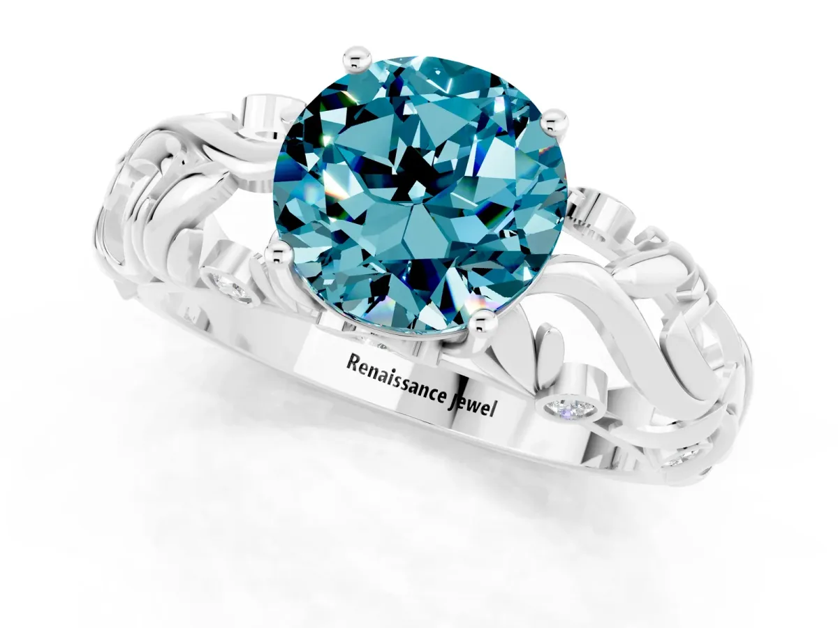 Round Cut Solitaire Blue Topaz Leaf-Inspired Vine Band Ring with Prong Setting Silver