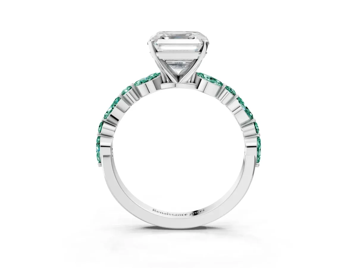 Asscher Cut Diamond Ring with Marquise and Round Green Sapphire Side Stones and Four-Prong Setting White gold