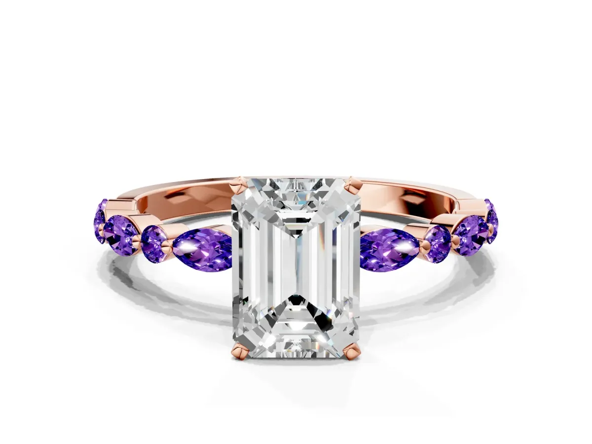 Emerald Cut Diamond Ring with Marquise and Round Tanzanite Side Stones and Four-Prong Setting Rose gold