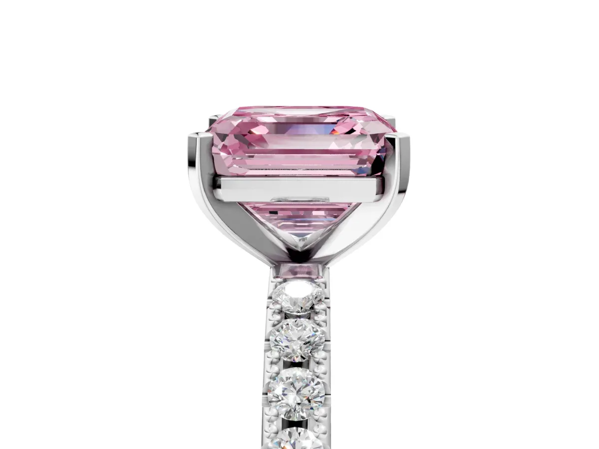 Fancy Pink Asscher Cut Diamond Solitaire Pavé Band with Four-Prong Setting Silver