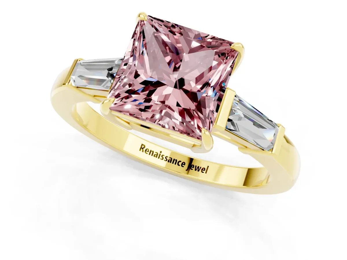 Princess Cut Morganite Three-Stone Ring with Tapered Baguette Side Stones and Prong Setting Yellow gold