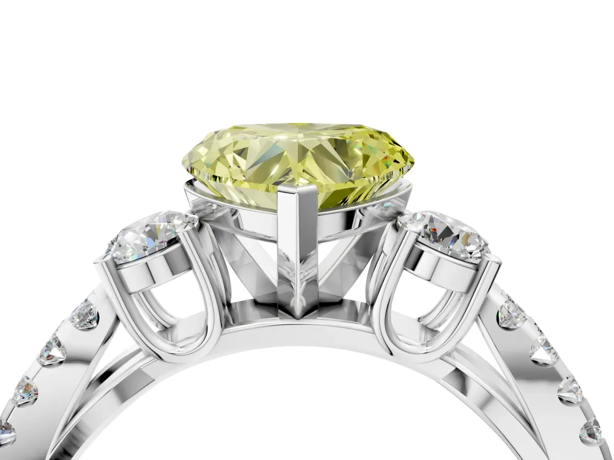 Fancy Yellow Heart Cut Diamond Three-Stone Ring with Pavé Split Shank and Four-Prong Setting White gold