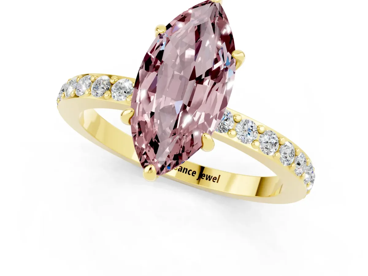 Marquise Cut Morganite Solitaire Engagement Ring with Pavé Band and Four-Prong Setting Yellow gold