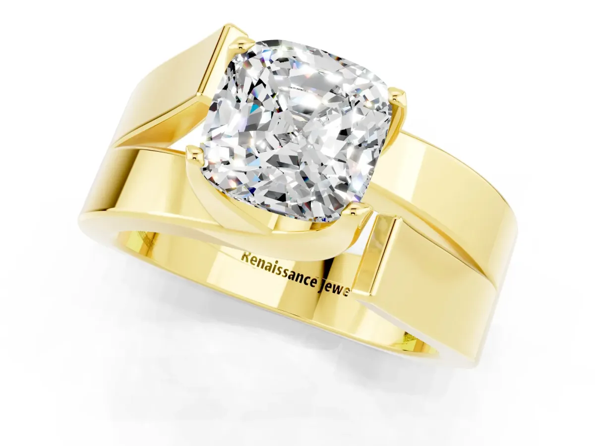 Modern Tension Set Cushion Cut Moissanite Solitaire Wide Band Ring Yellow gold