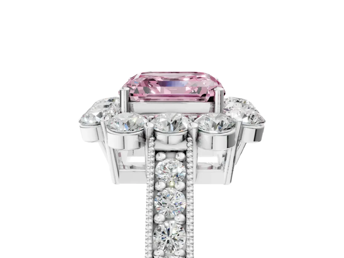 Fancy Pink Asscher Cut Cut Halo Diamond Pavé Engagement Ring with Milgrain Detailing Platinum