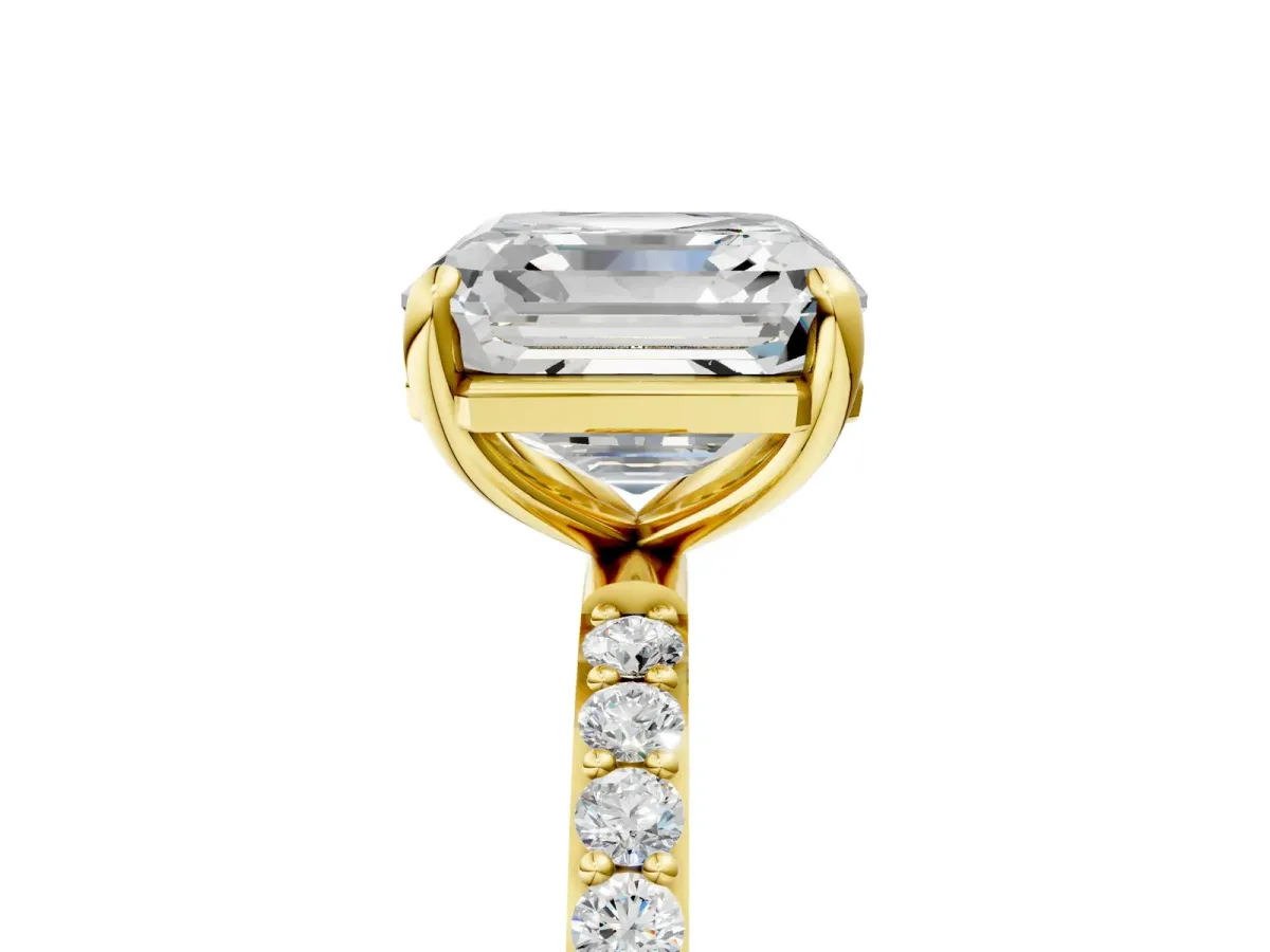 Asscher Cut Diamond Solitaire Ring with Round Moissanite Pavé Band and Prong Setting Yellow gold