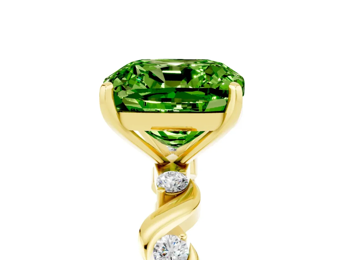 Cushion Cut Peridot Solitaire Twisted Band with Round Accents and Prong Setting Yellow gold