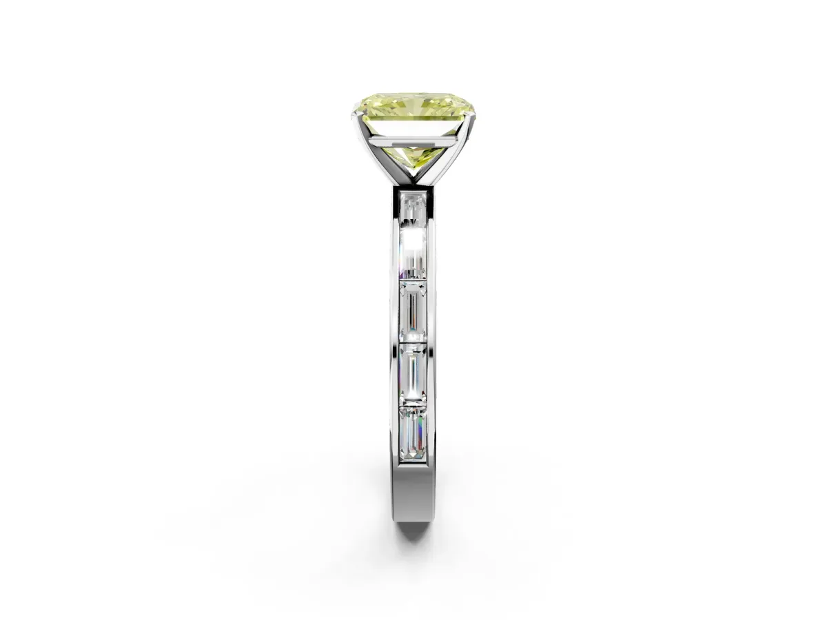 Fancy Yellow Radiant Cut Solitaire Diamond Ring with Channel-Set Baguette Band and Four-Prong Setting Platinum