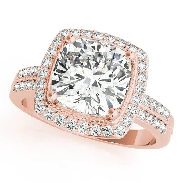 Cushion Cut Diamond Double Halo Ring with Split Shank and Four-Prong Setting Rose gold