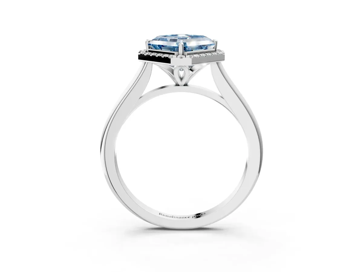 Fancy Blue Asscher Cut Halo Round Diamond Solitaire Engagement Ring with Pave Band and Four-Prong Setting Platinum
