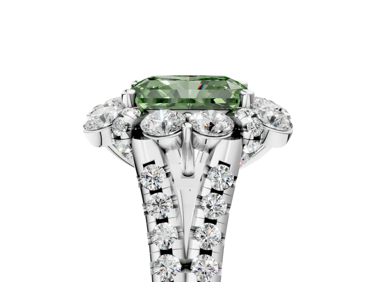 Fancy Green Radiant Cut Halo Split Shank Diamond Engagement Ring with Pave Band and Four-Prong Setting Platinum