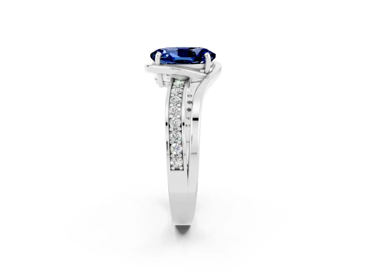 Oval Cut Blue Sapphire Solitaire Ring with Split Shank and Prong Setting White gold