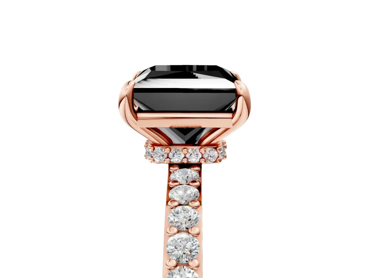 Fancy Black Princess Cut Diamond Solitaire Engagement Ring with Pavé Band and Four-Prong Setting Rose gold