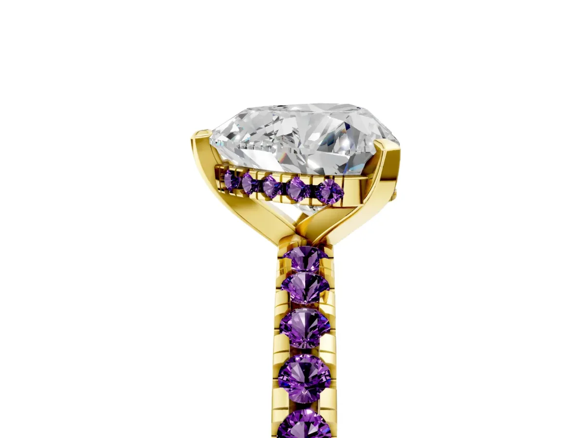 Heart Cut Diamond Solitaire Ring with Round Amethyst Pavé Band and Four-Prong Setting Yellow gold