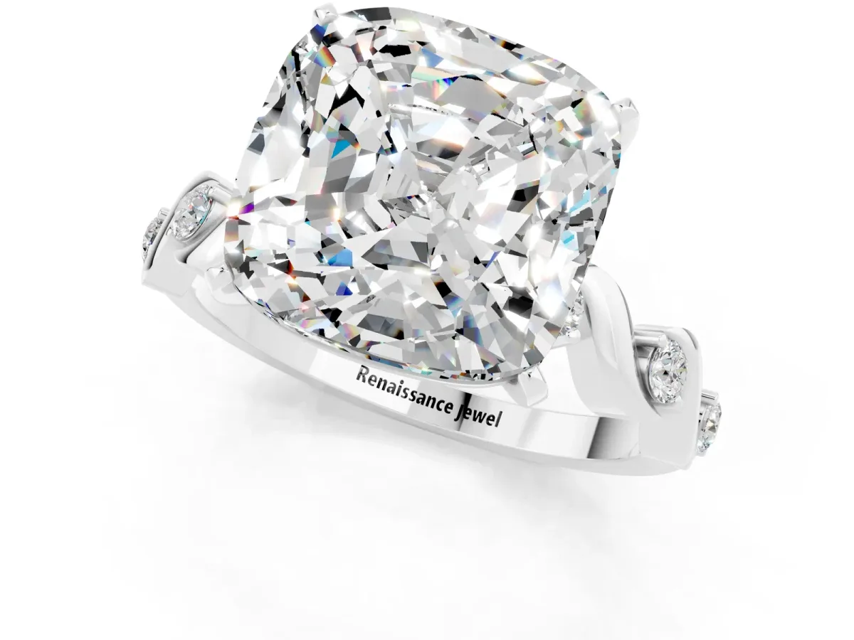 Cushion Cut Moissanite Solitaire Twisted Band with Round Accents and Prong Setting White gold
