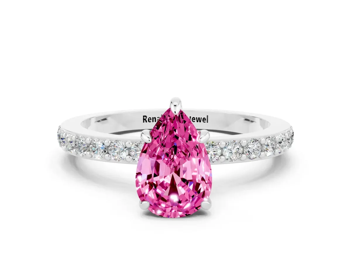 Pear Cut Pink Sapphire Solitaire Engagement Ring with Pavé Band and Four-Prong Setting White gold
