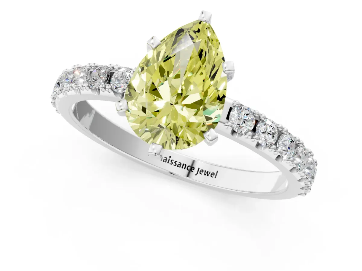 Fancy Yellow Pear Cut Diamond Solitaire Pavé Band with Four-Prong Setting Silver