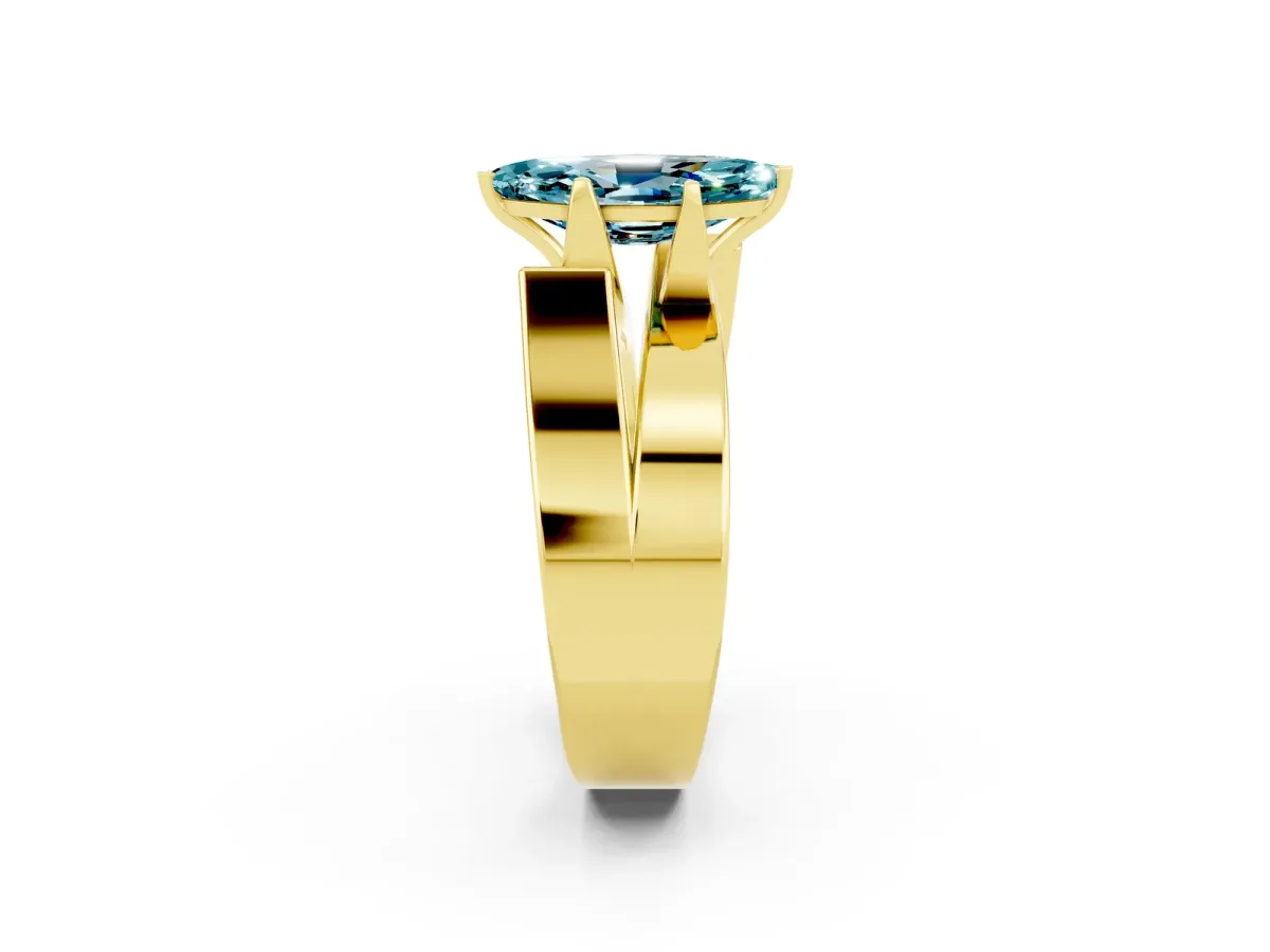 Modern Tension Set Marquise Cut Blue Topaz Solitaire Wide Band Ring Yellow gold