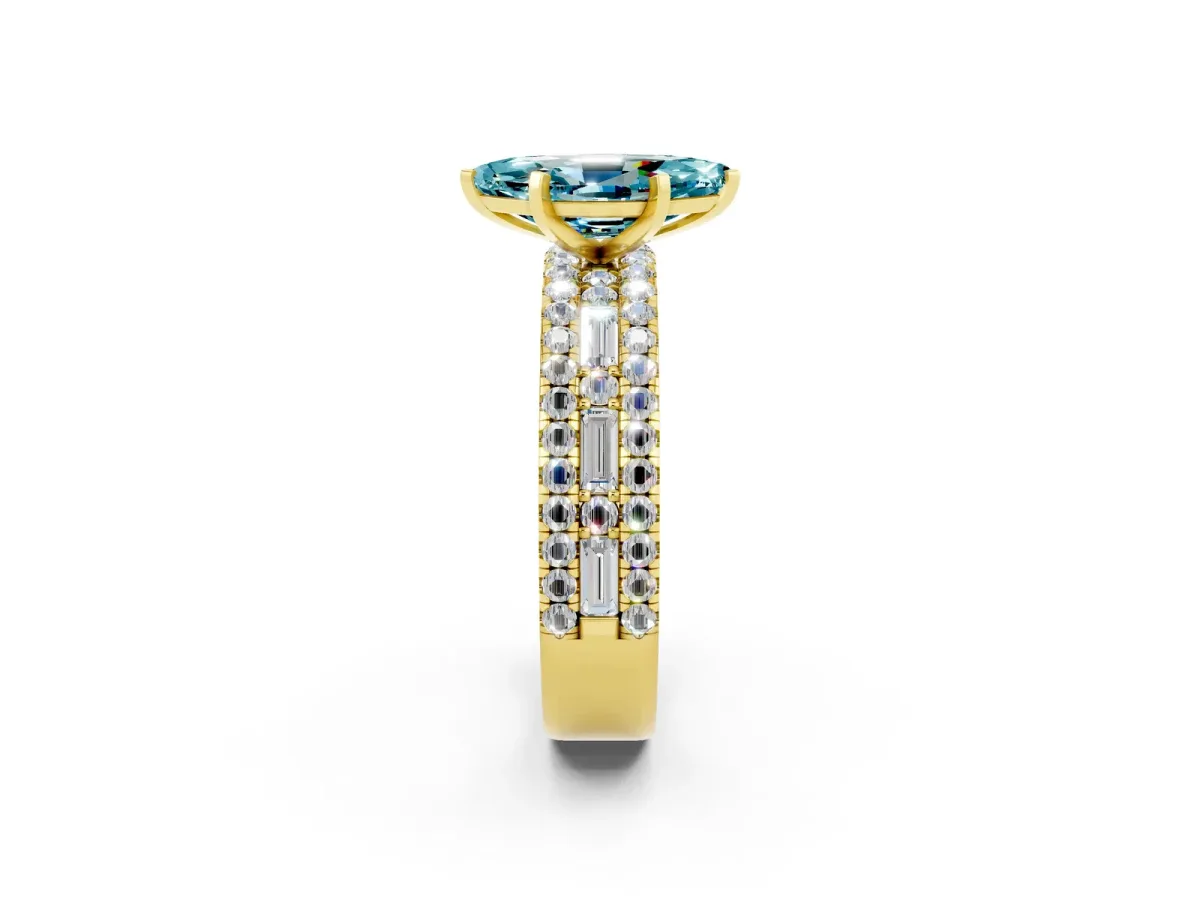 Marquise Cut Blue Topaz Solitaire Ring with Pavé and Channel Set Band Yellow gold