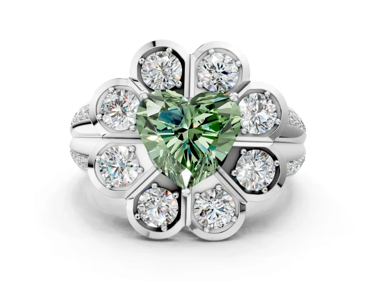 Fancy Green Heart Cut Brilliant Flower Halo Diamond Split Shank Ring Platinum