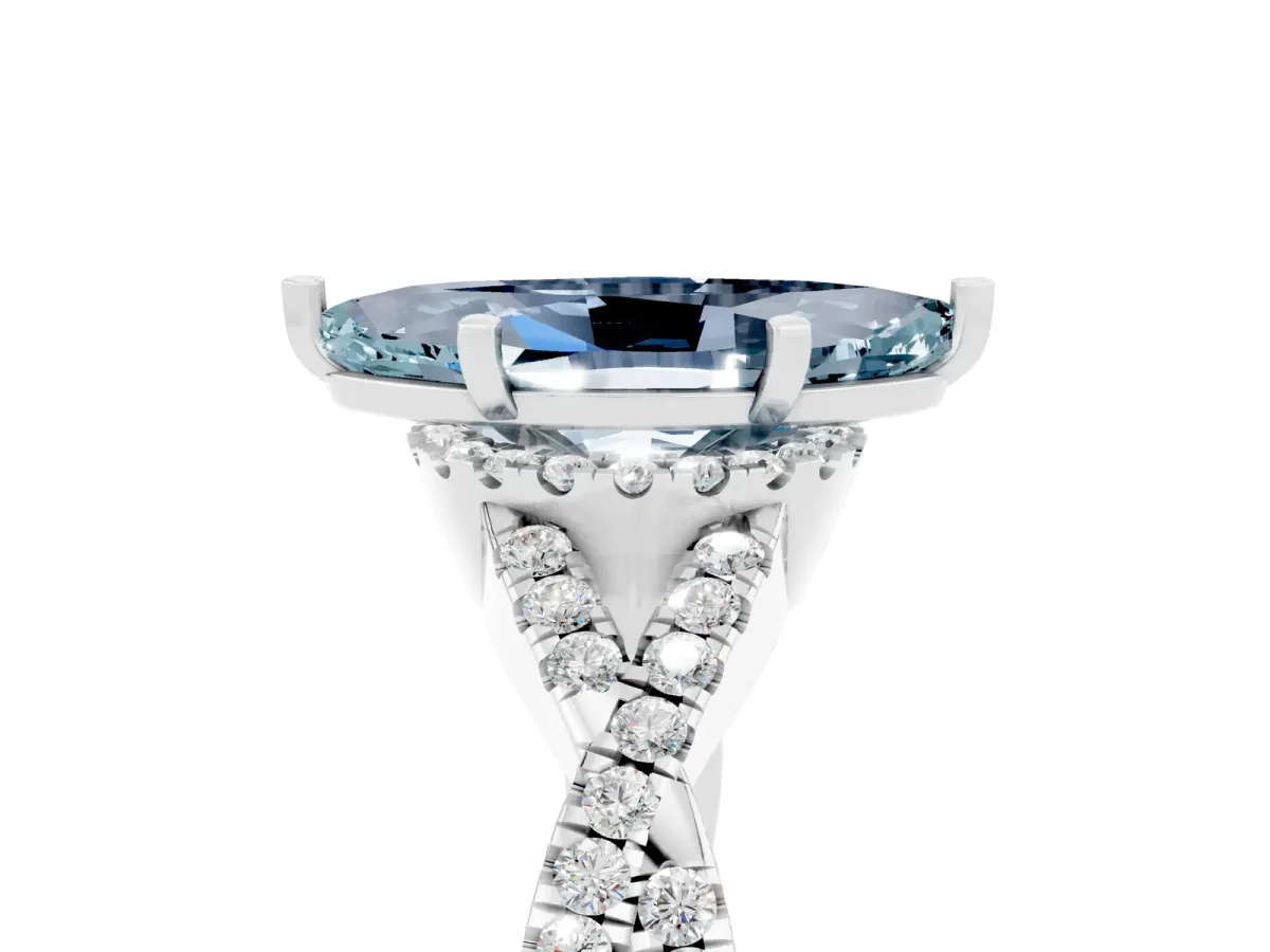Marquise Cut Aquamarine Halo Twist Band Solitaire Prong Setting Ring White gold