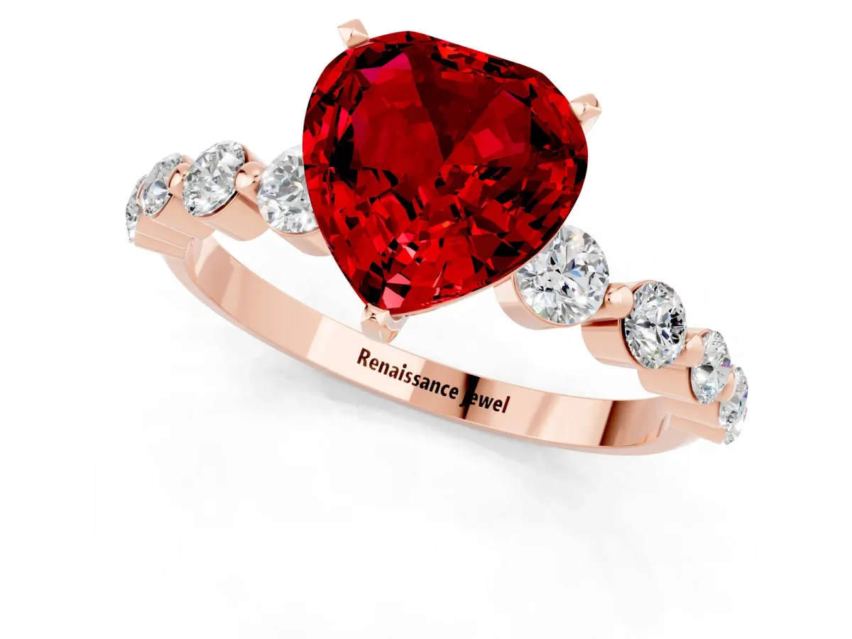 Heart Cut Solitaire Ruby Ring with Pave Band and Four-Prong Setting Rose gold